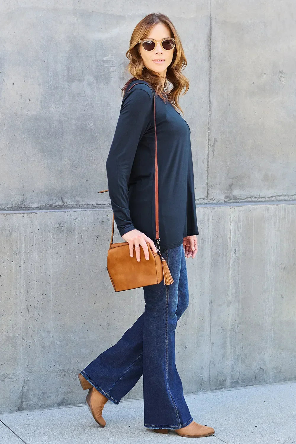 Round Neck Long Sleeve Top With Pockets Classic - Southern Shores Clothing