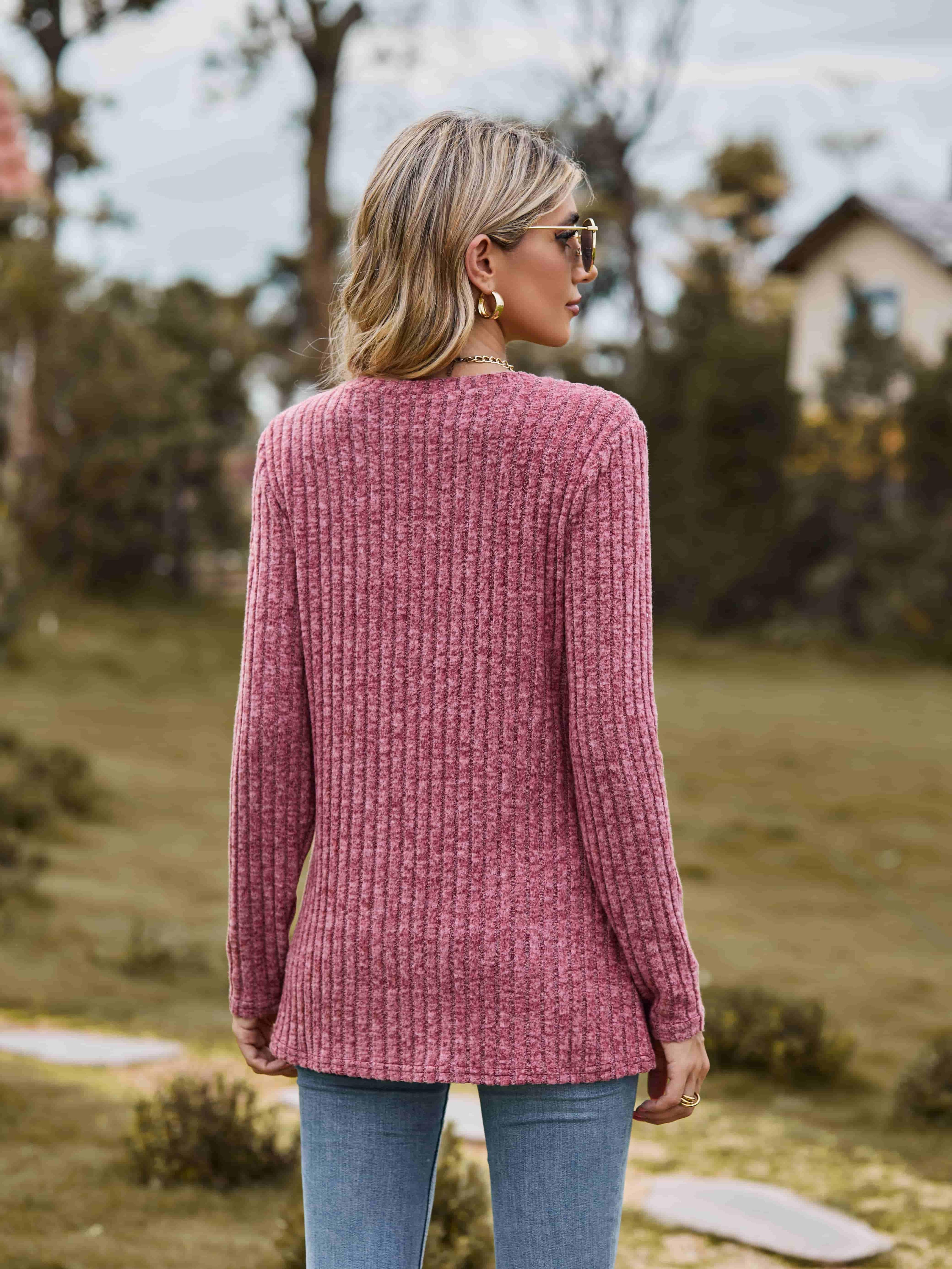 Ribbed Round Neck Long Sleeve Tee For Everyday Wear - Southern Shores Clothing