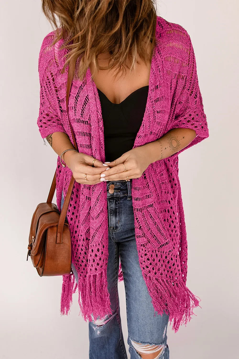 Lightweight Openwork Fringed Cardigan With Open Front - Southern Shores Clothing
