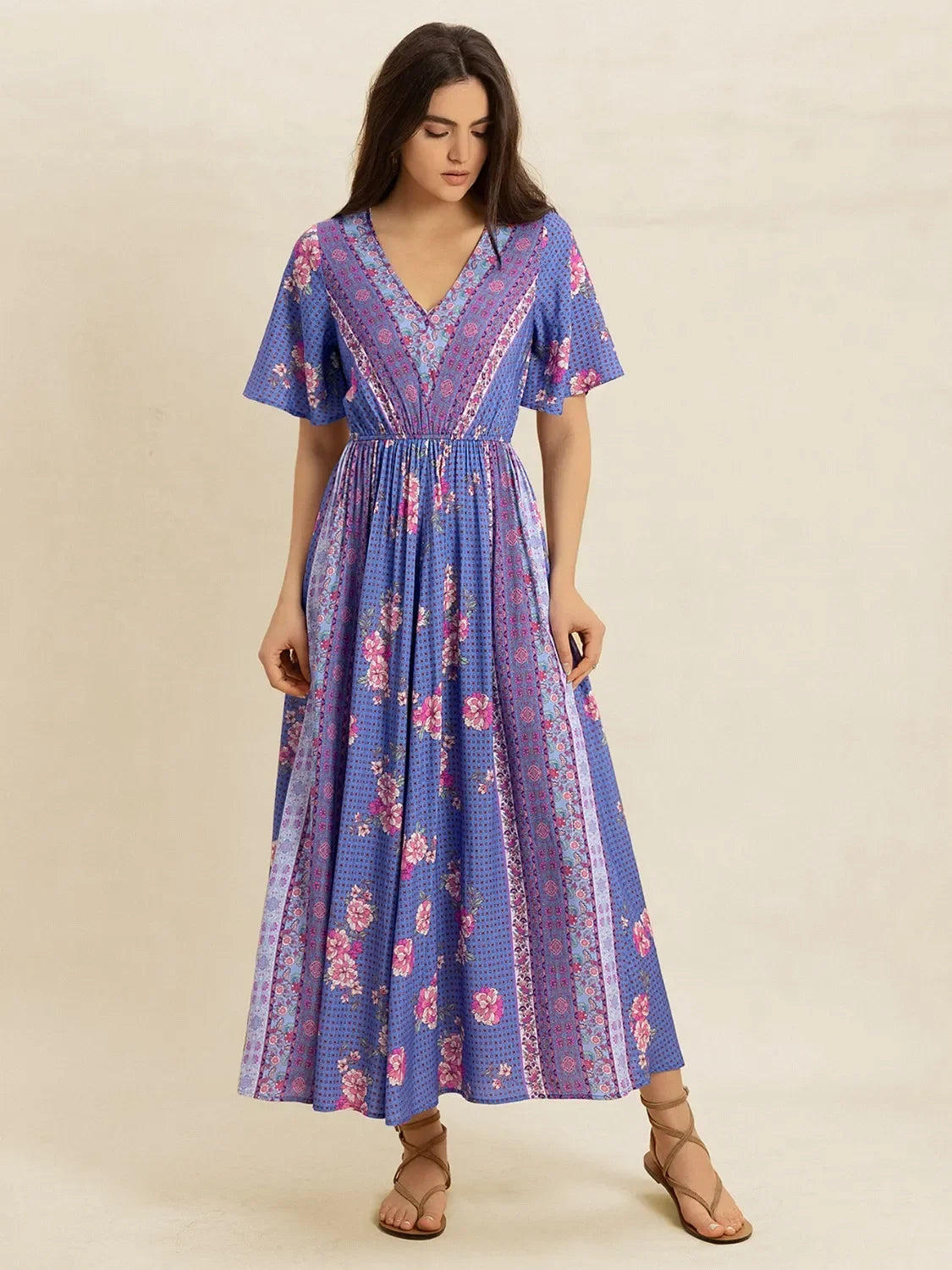 Printed Short Sleeve Midi Dress With Floral Pattern And V-Neck - Southern Shores Clothing