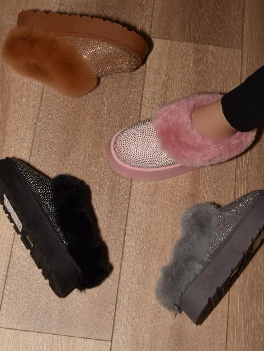 Embellished Faux Fur Platform Ankle Booties