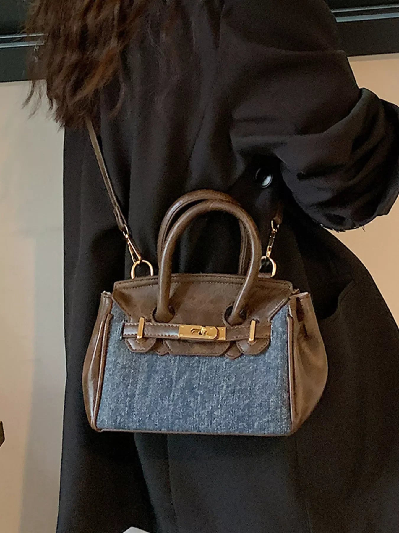 Top Handle Crossbody Bag Denim Accent Details - Southern Shores Clothing