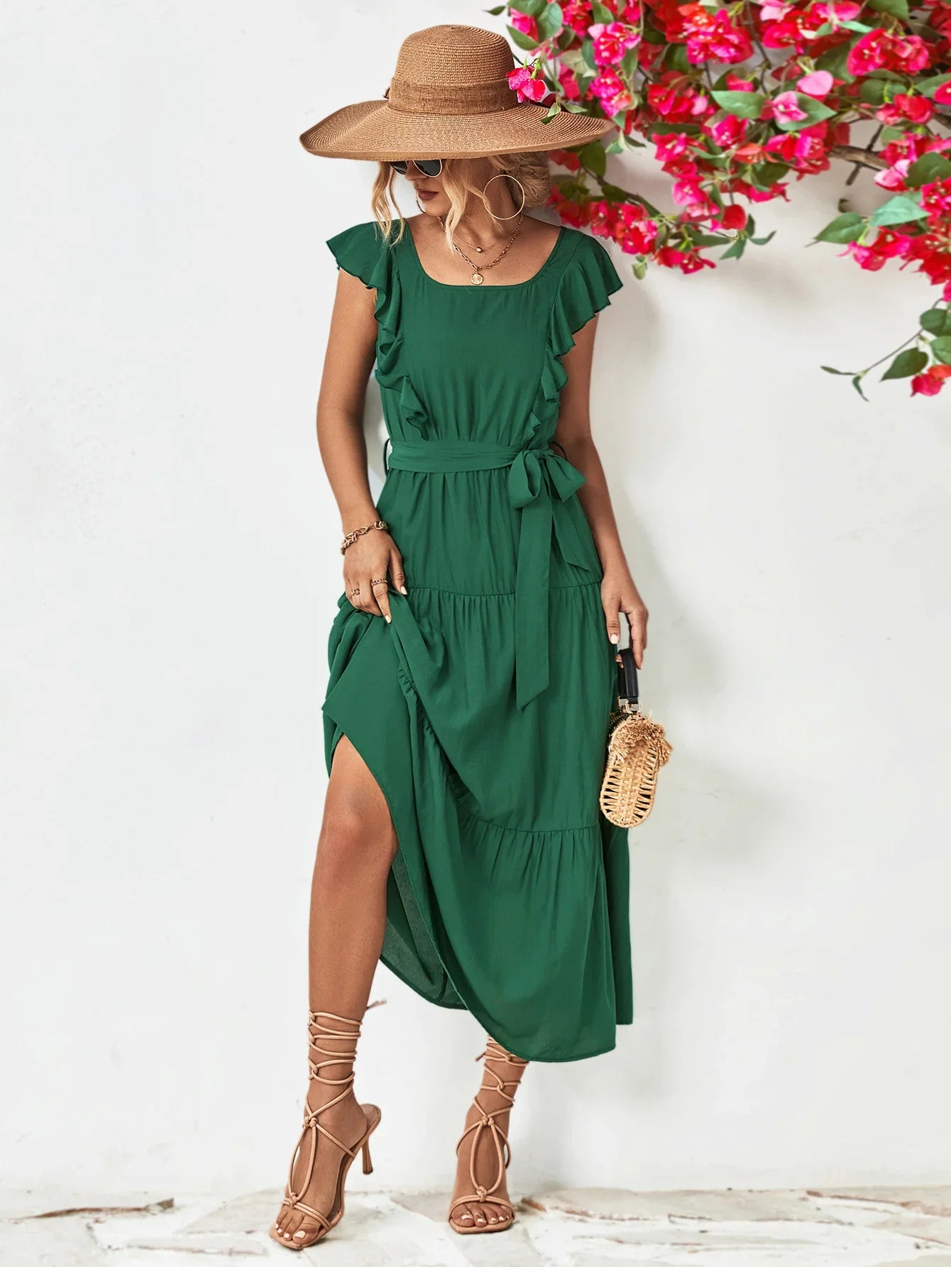 Tie Belt Ruffled Tiered Dress - Southern Shores Clothing