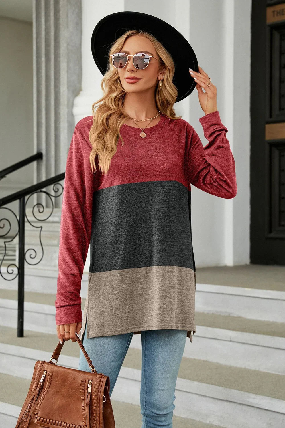 Block Pattern Round Neck Long Sleeve Slit T Shirt - Southern Shores Clothing