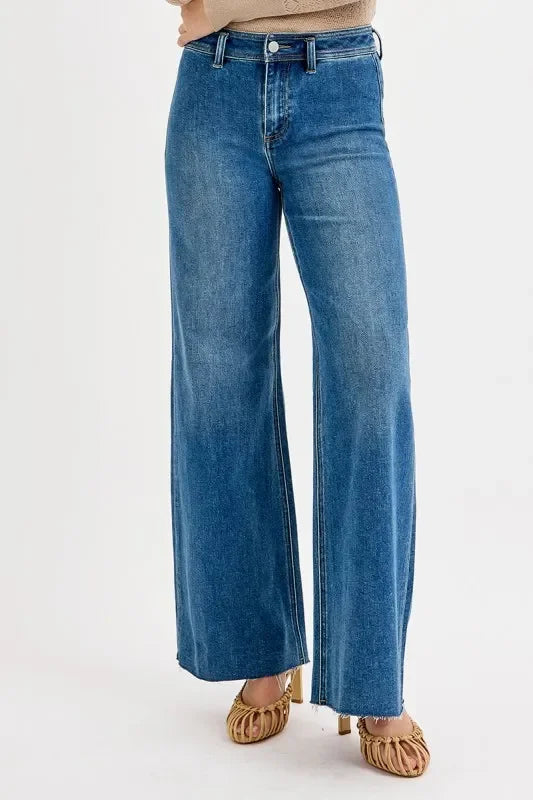 High Waisted Wide Leg Denim Jeans Vintage Inspired - Southern Shores Clothing
