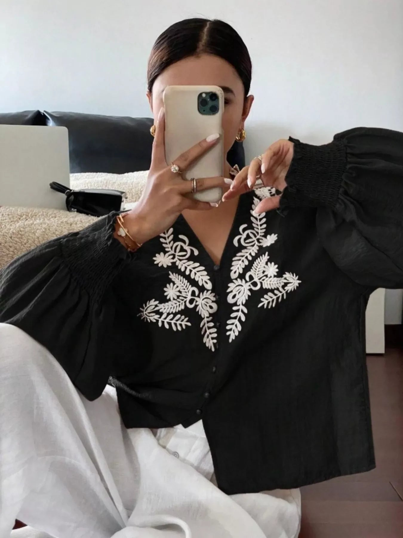Southern Shores Elegant Embroidered Long Sleeve Buttoned Polyester Blouse With Je T'aime Design - Southern Shores Clothing