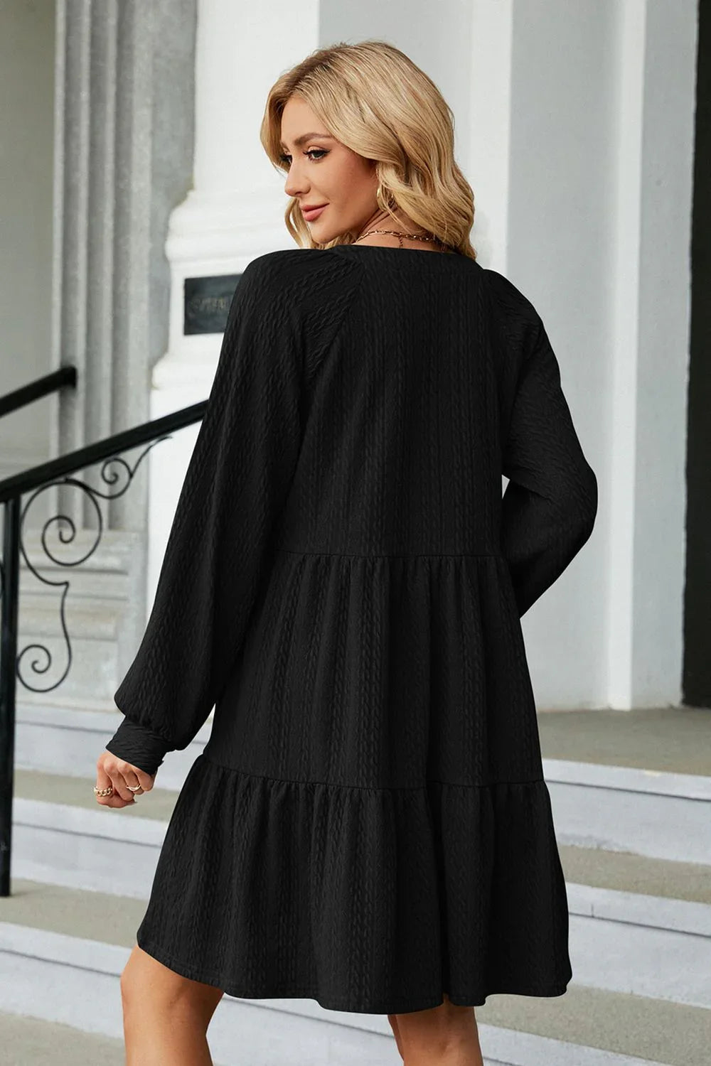 Notched Neck Long Sleeve Mini Dress - Southern Shores Clothing