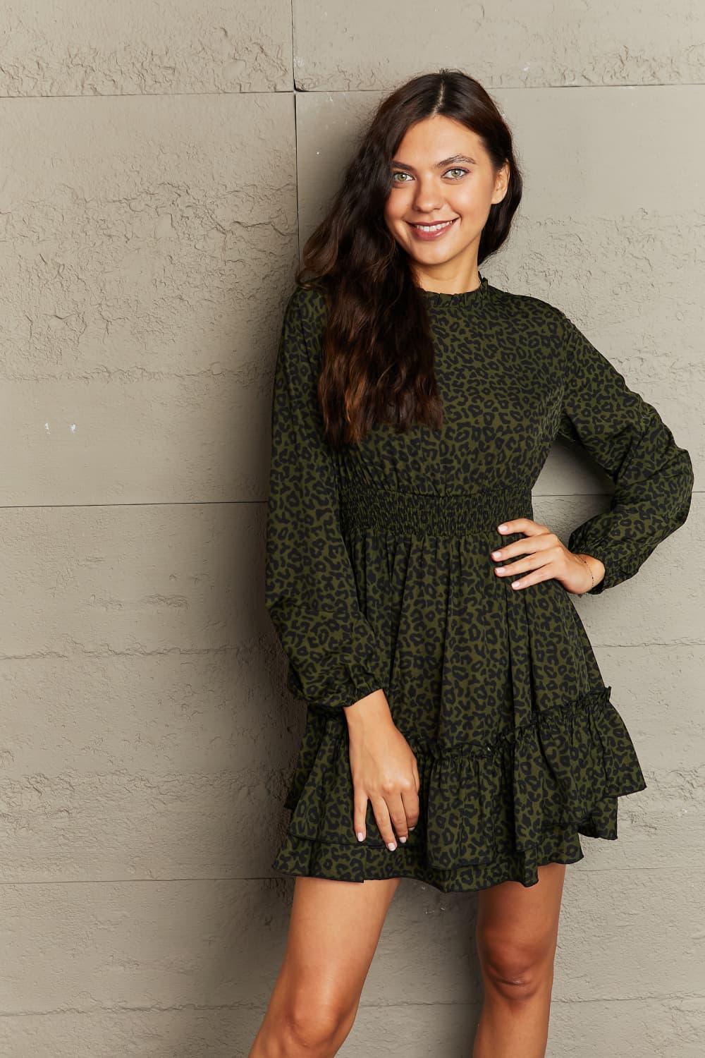 Leopard Print Smocked Waist Long Sleeve Dress - Southern Shores Clothing