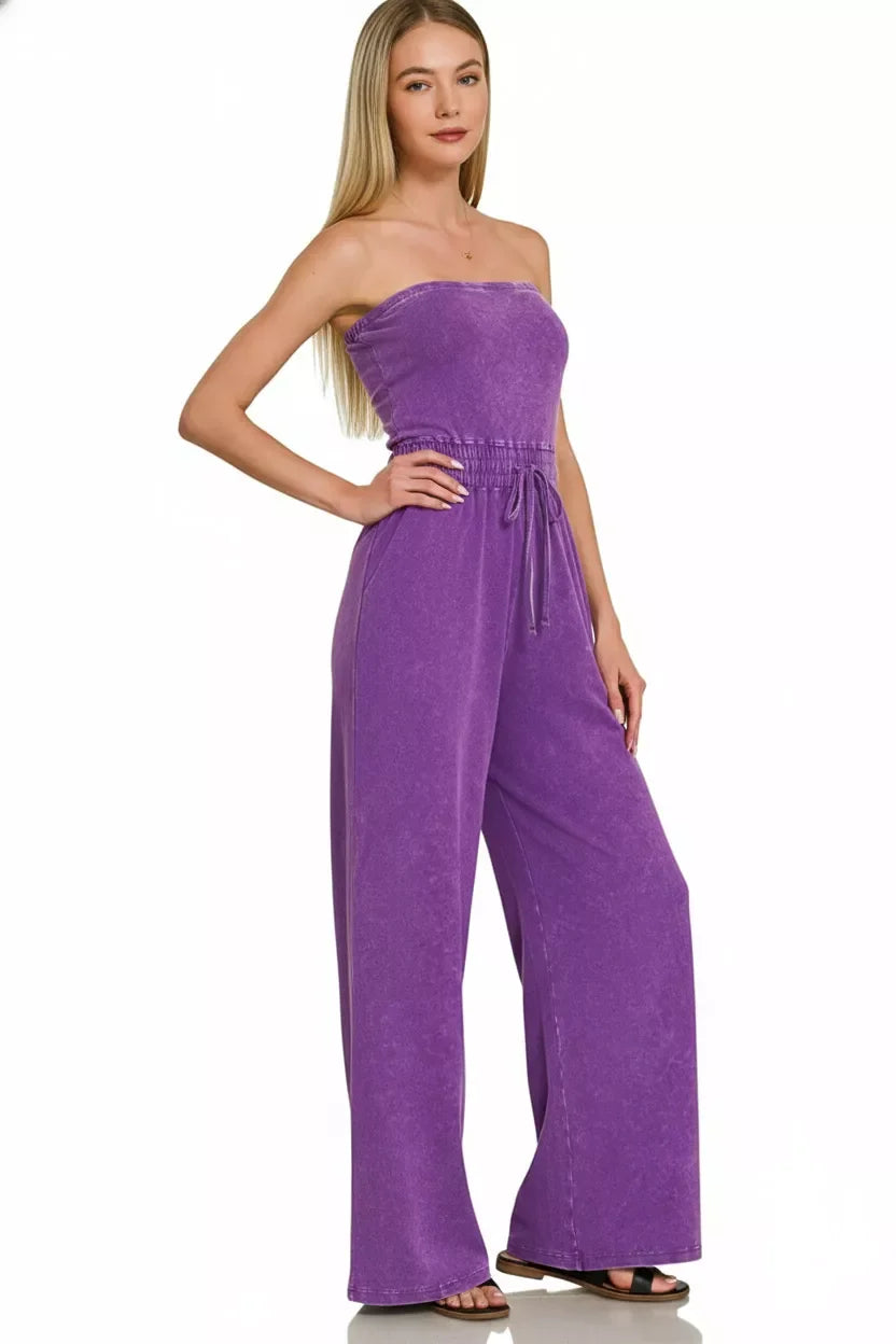 Acid Washed Strapless Tube Top Jumpsuit Silhouette - Southern Shores Clothing