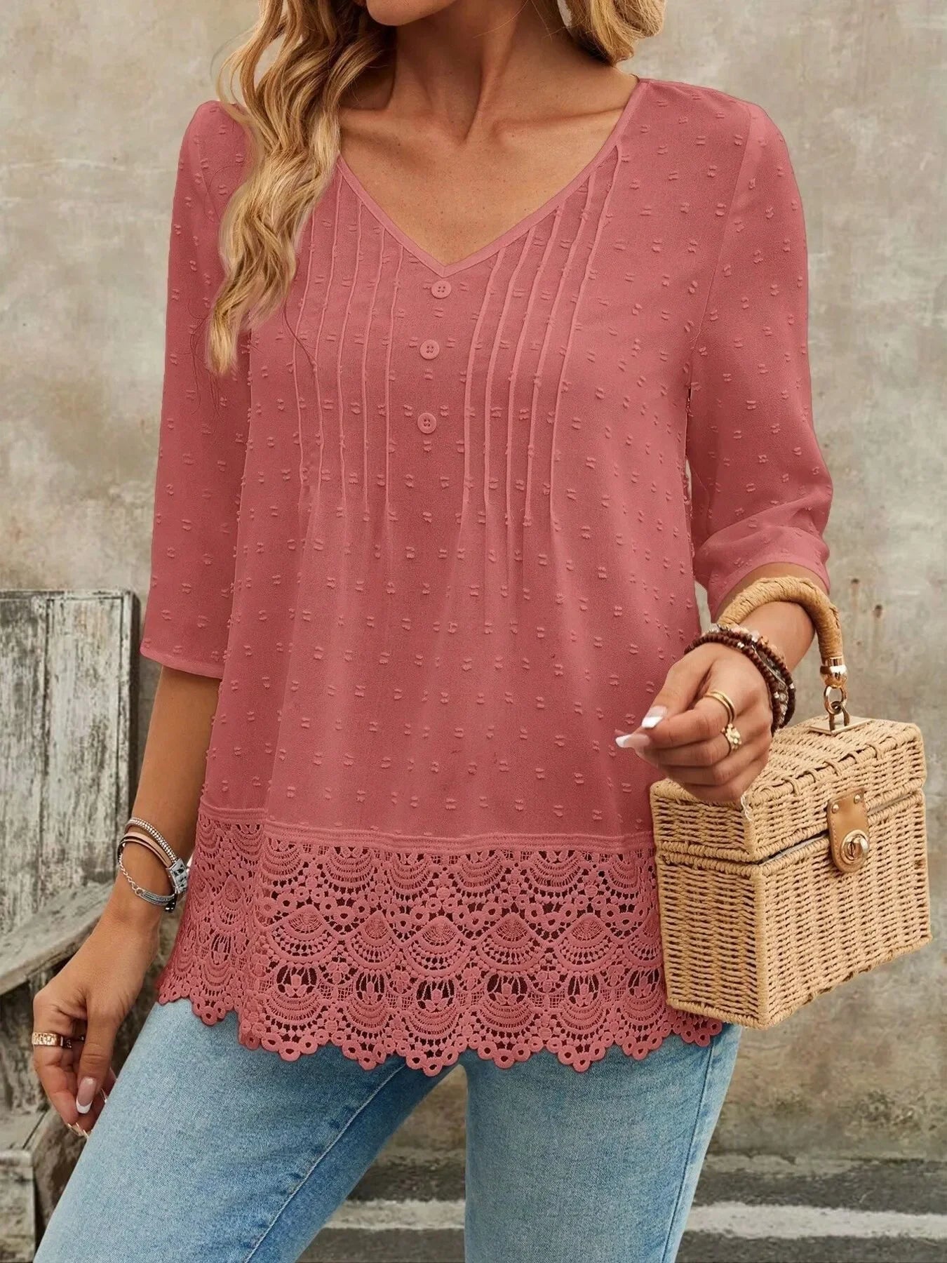V-Neck Lace Hem Blouse With Decorative Button - Southern Shores Clothing