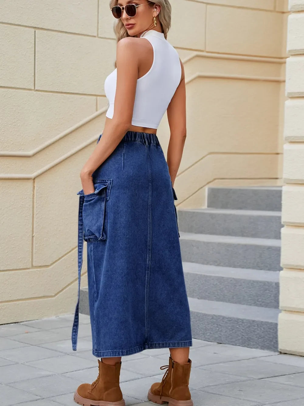 High Waist Denim Skirt With Slit And Pockets - Southern Shores Clothing