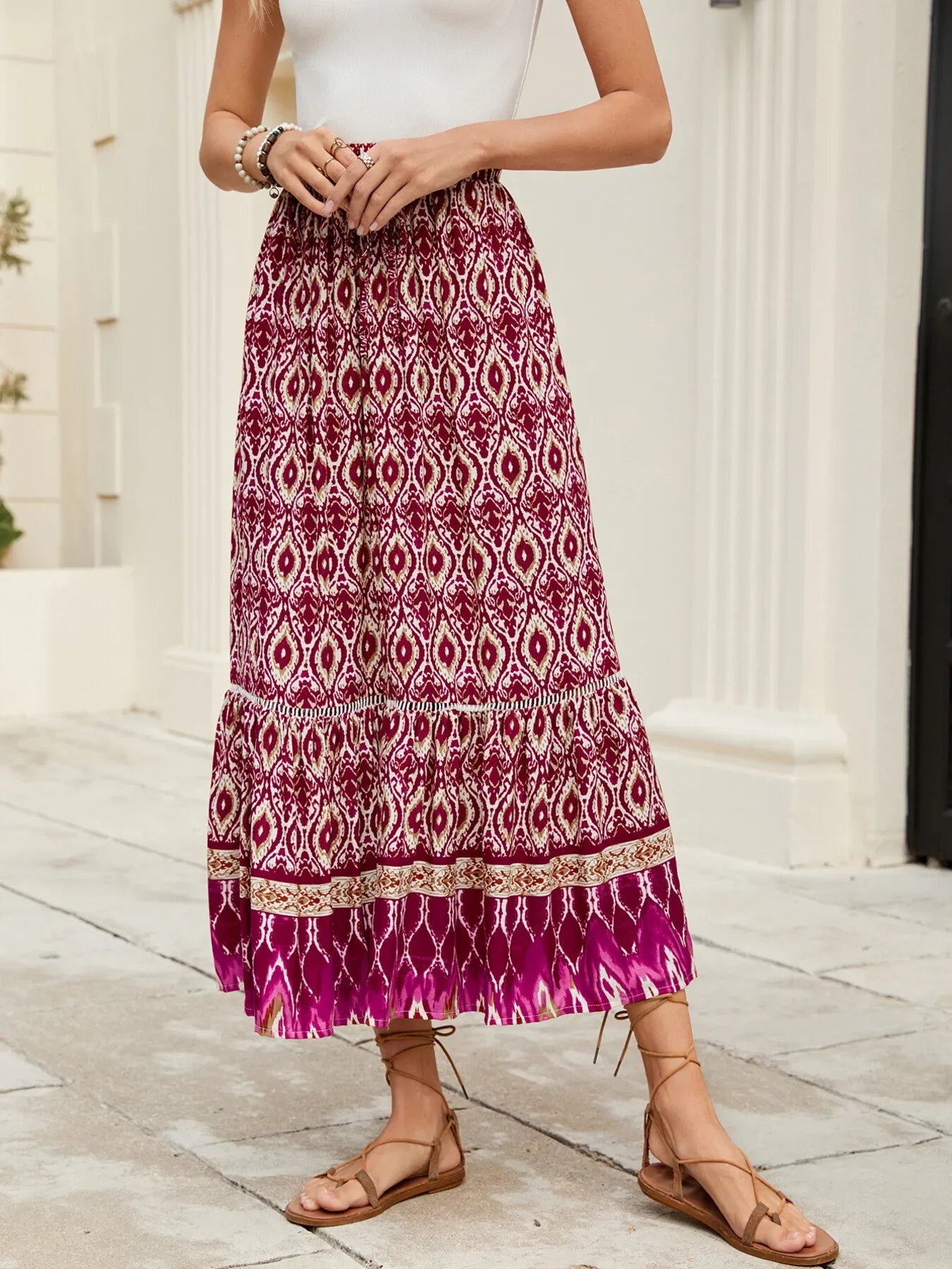 Bohemian Printed Ruched Maxi Skirt Flowing - Southern Shores Clothing