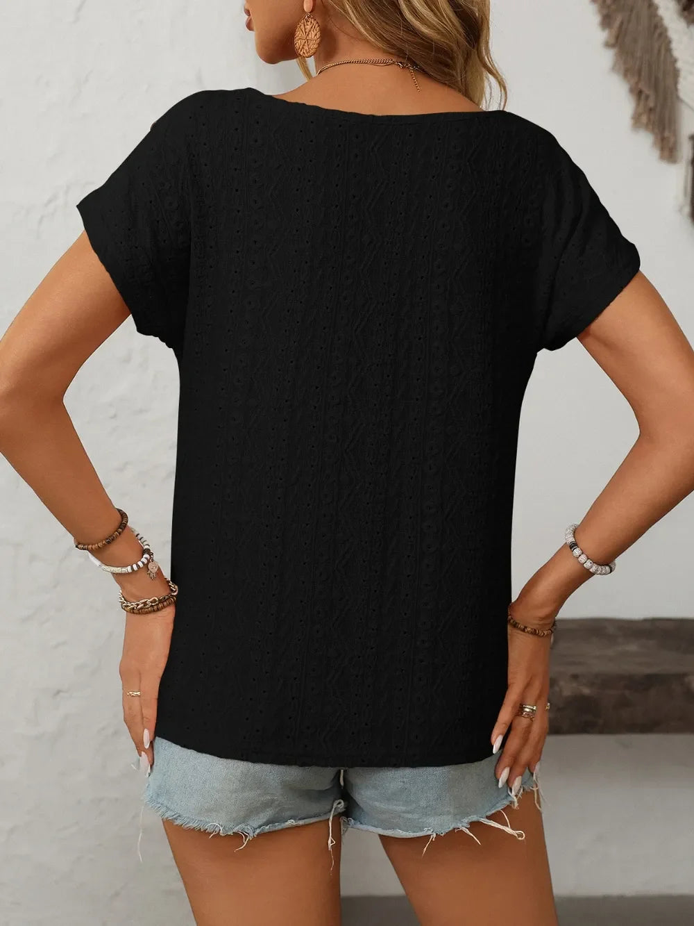 Eyelet Round Neck Short Sleeve Top With Decorative Button - Southern Shores Clothing