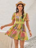 Crochet Trim Printed V-Neck Short Sleeve Ruched Mini Dress - Southern Shores Clothing