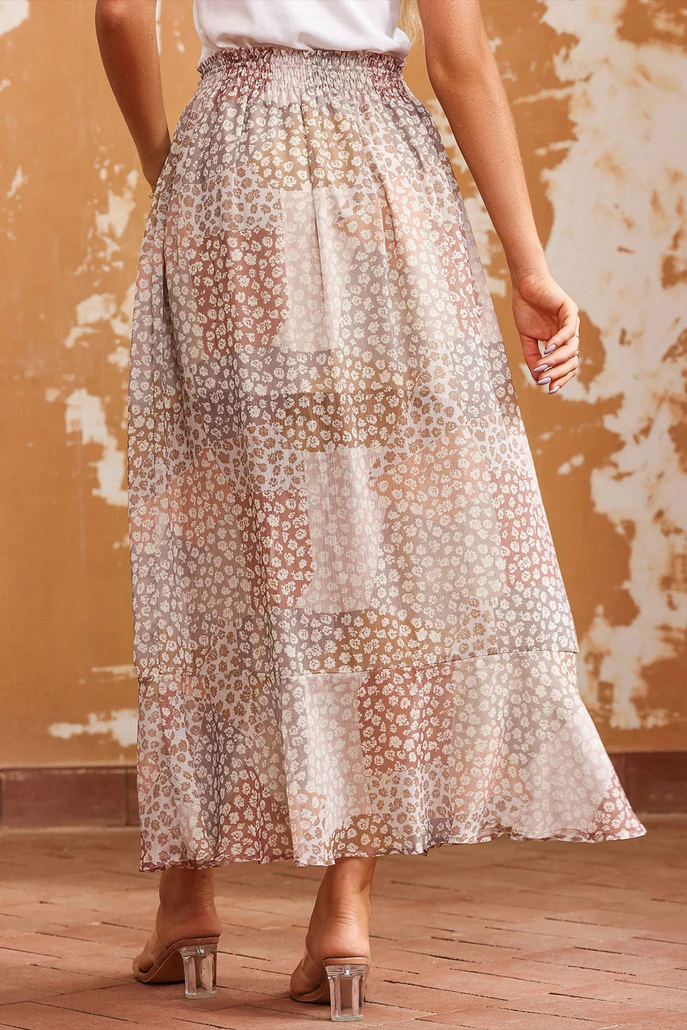Floral Buttoned Front Slit Midi Skirt In Chiffon With Tiered Hem - Southern Shores Clothing