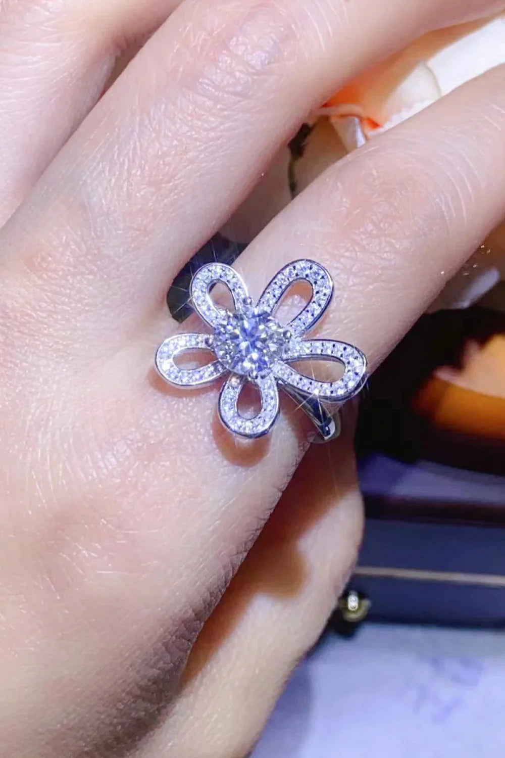 1 Carat Moissanite Flower Shape Open Ring Platinum Plated - Southern Shores Clothing