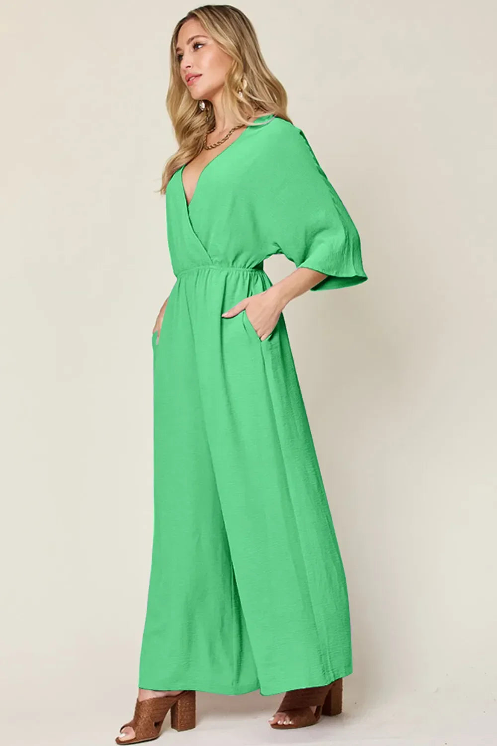 Surplice Wide-Leg Jumpsuit With Hidden Pockets - Southern Shores Clothing