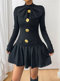 Decorative Button Mock Neck Long Sleeve Mini Dress - Southern Shores Clothing