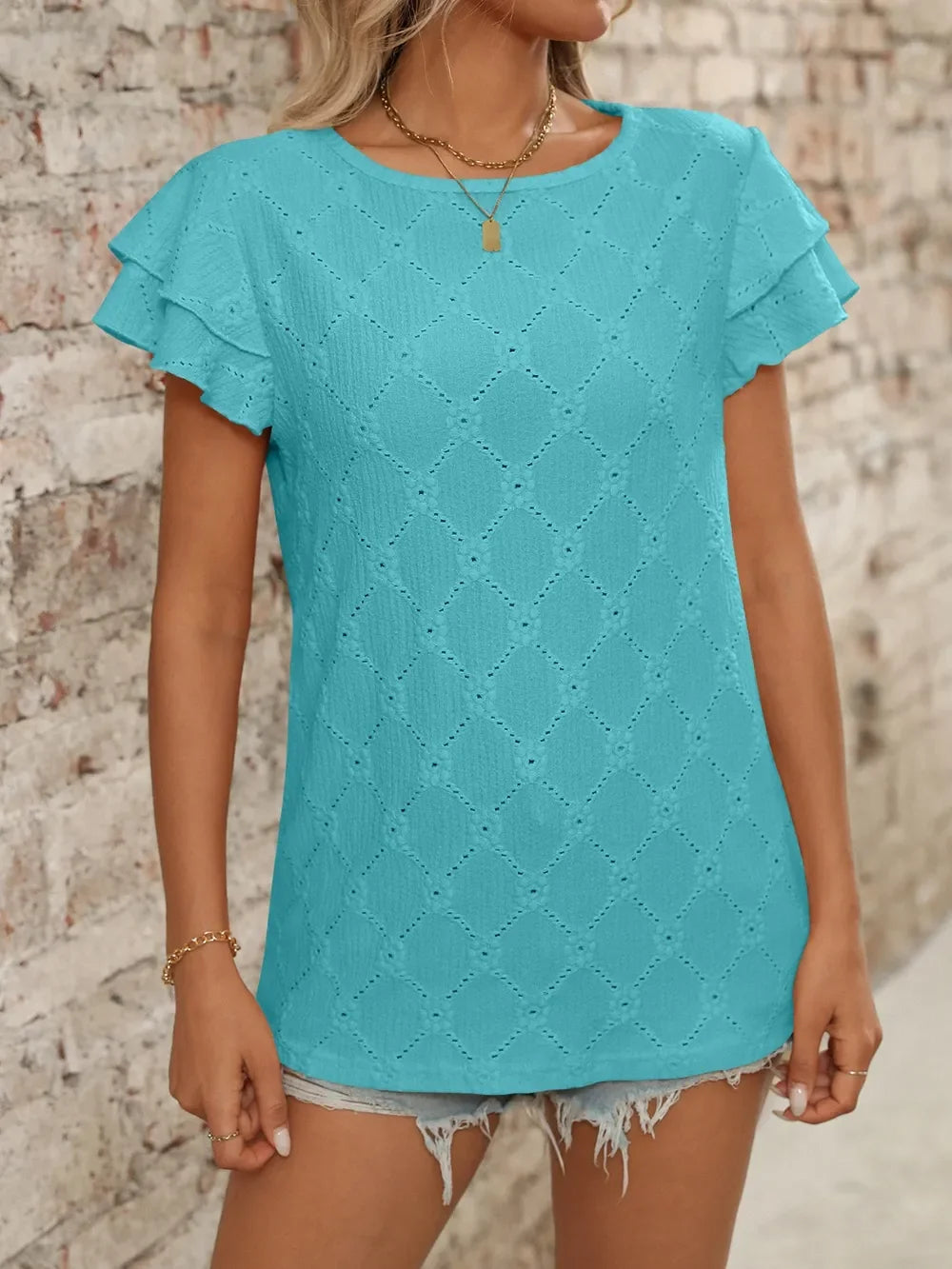 Eyelet Round Neck Ruffled Short Sleeve Top - Southern Shores Clothing