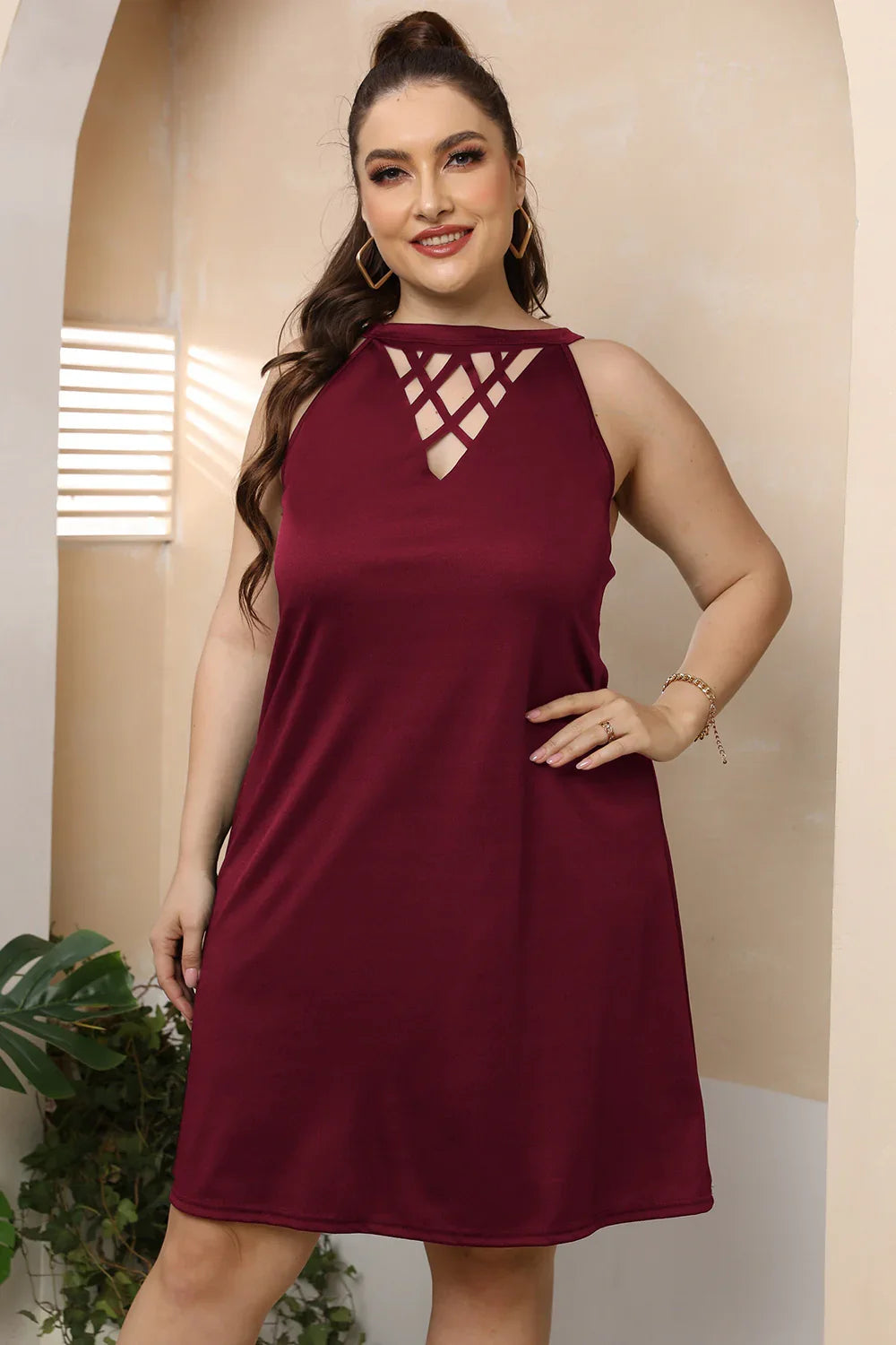Plus Size Cutout Round Neck Sleeveless Dress - Southern Shores Clothing
