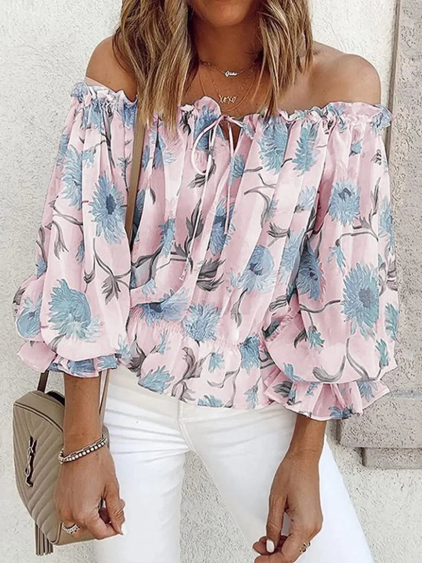 Off Shoulder Tied Ruffled Floral Print Blouse - Southern Shores Clothing