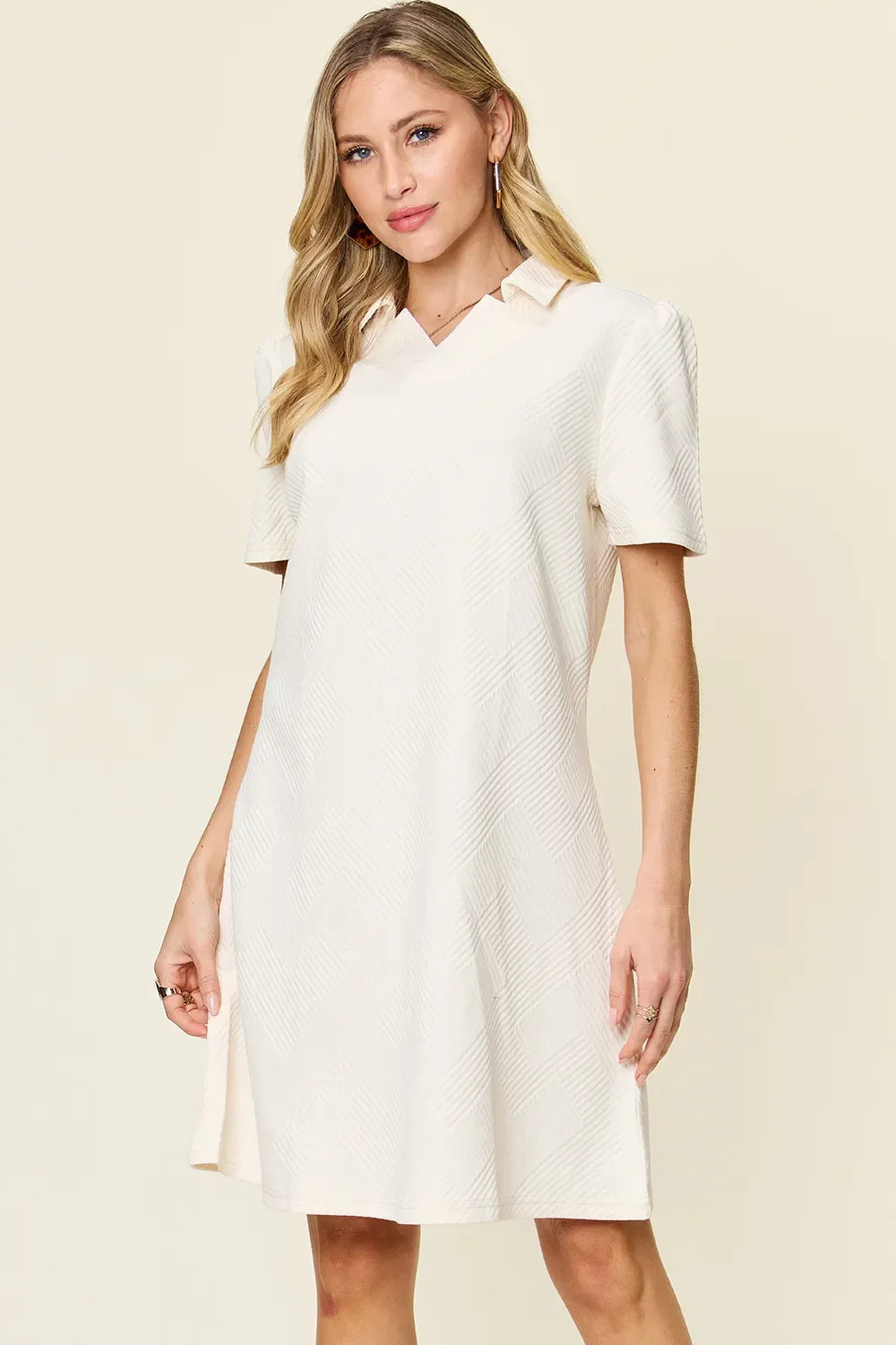 Textured Collared Neck Short Sleeve Dress - Southern Shores Clothing