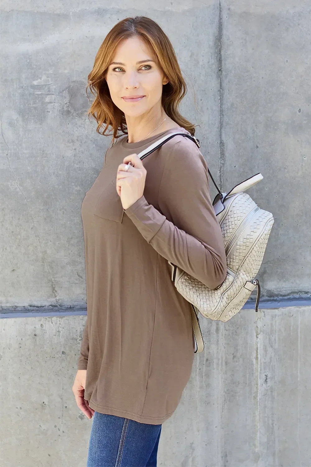 Round Neck Long Sleeve Top With Pockets Classic - Southern Shores Clothing