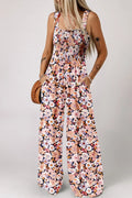 Floral Print Smocked High Waist Square Neck Jumpsuit - Southern Shores Clothing