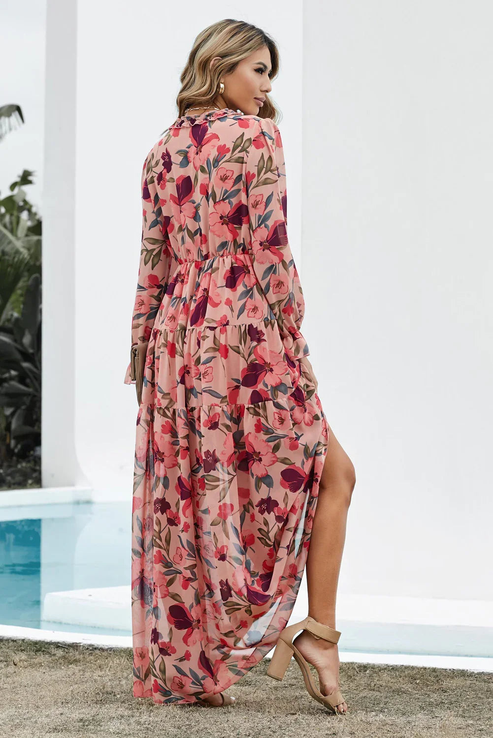 Floral Frill Trim Flounce Sleeve Plunge Maxi Dress - Southern Shores Clothing