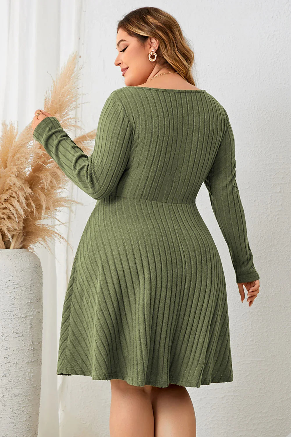 Plus Size Sweetheart Neck Long Sleeve Ribbed Dress - Southern Shores Clothing