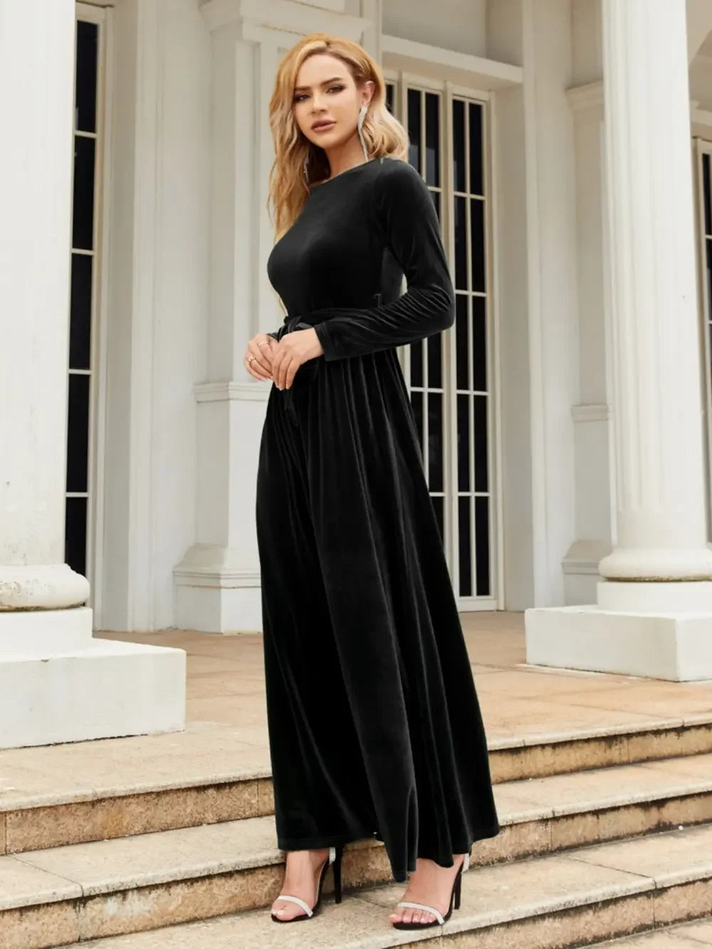 Tie Front Round Neck Long Sleeve Maxi Dress - Southern Shores Clothing
