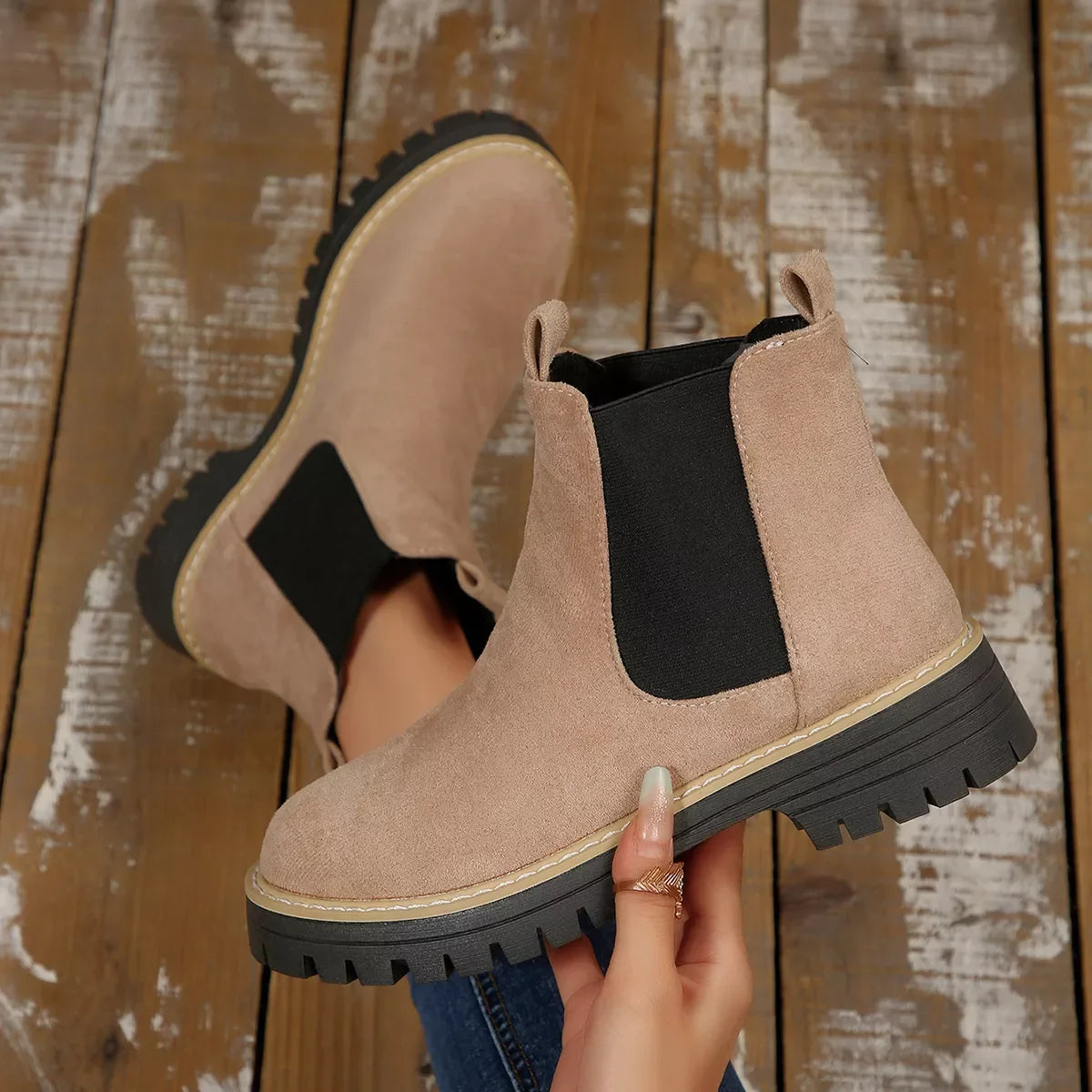 Round Toe Block Heel Boots Suede And Rubber - Southern Shores Clothing