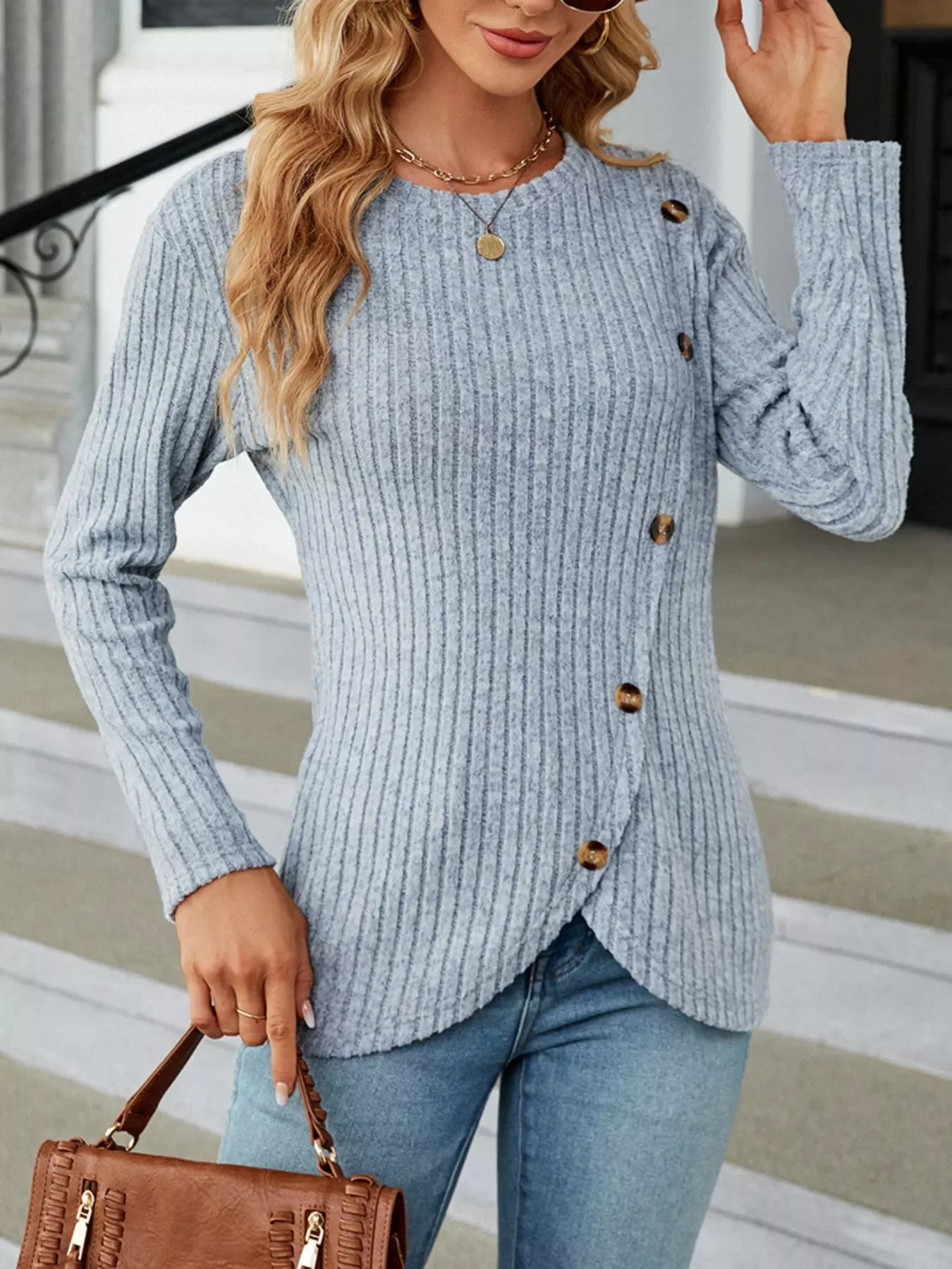 Ribbed Knit Decor Button T-Shirt - Southern Shores Clothing