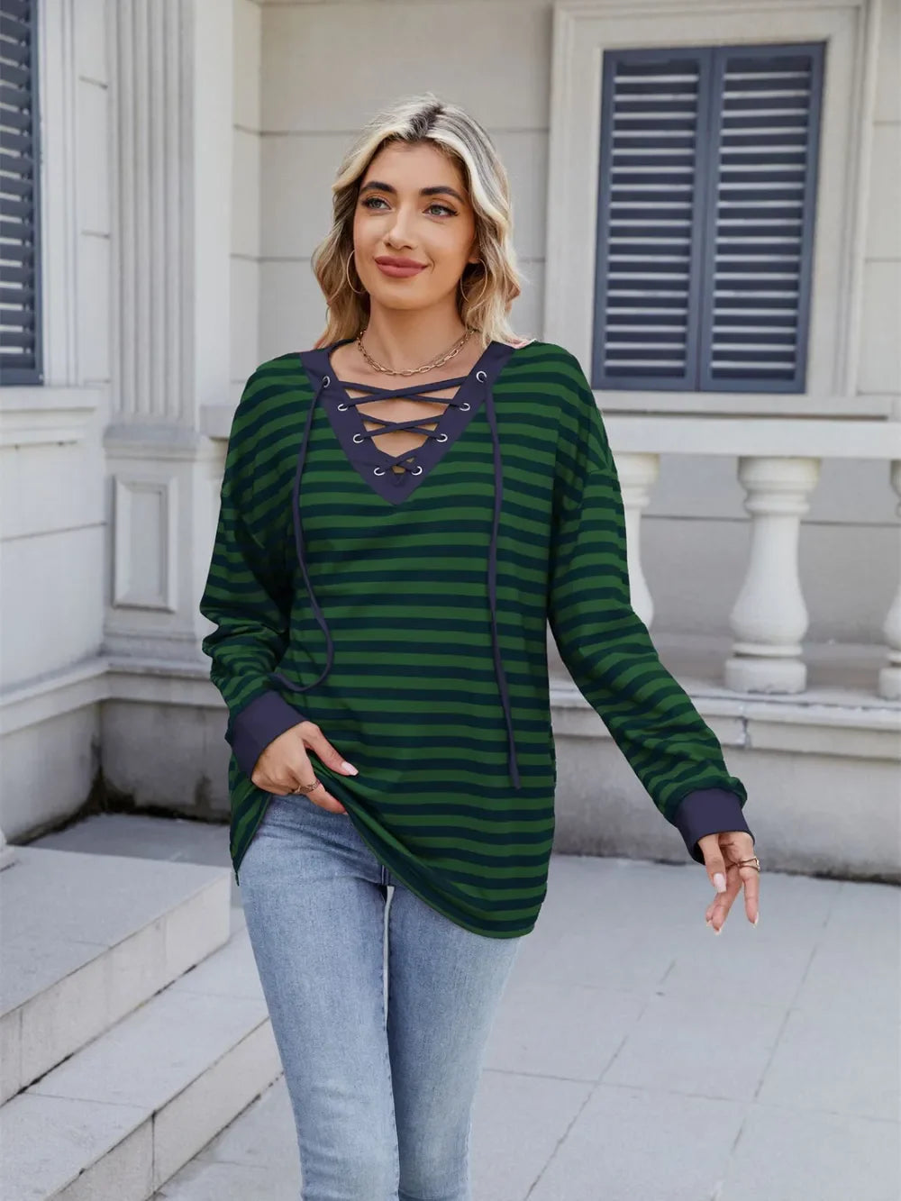 Lace-Up Striped Long Sleeve T-Shirt - Southern Shores Clothing