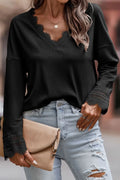 Lace Detail V-Neck Long Sleeve T-Shirt Top - Southern Shores Clothing