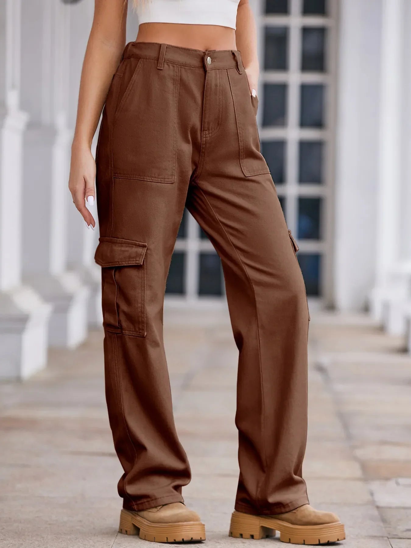 High-Waisted Stretch Cargo Jeans With Pockets - Southern Shores Clothing