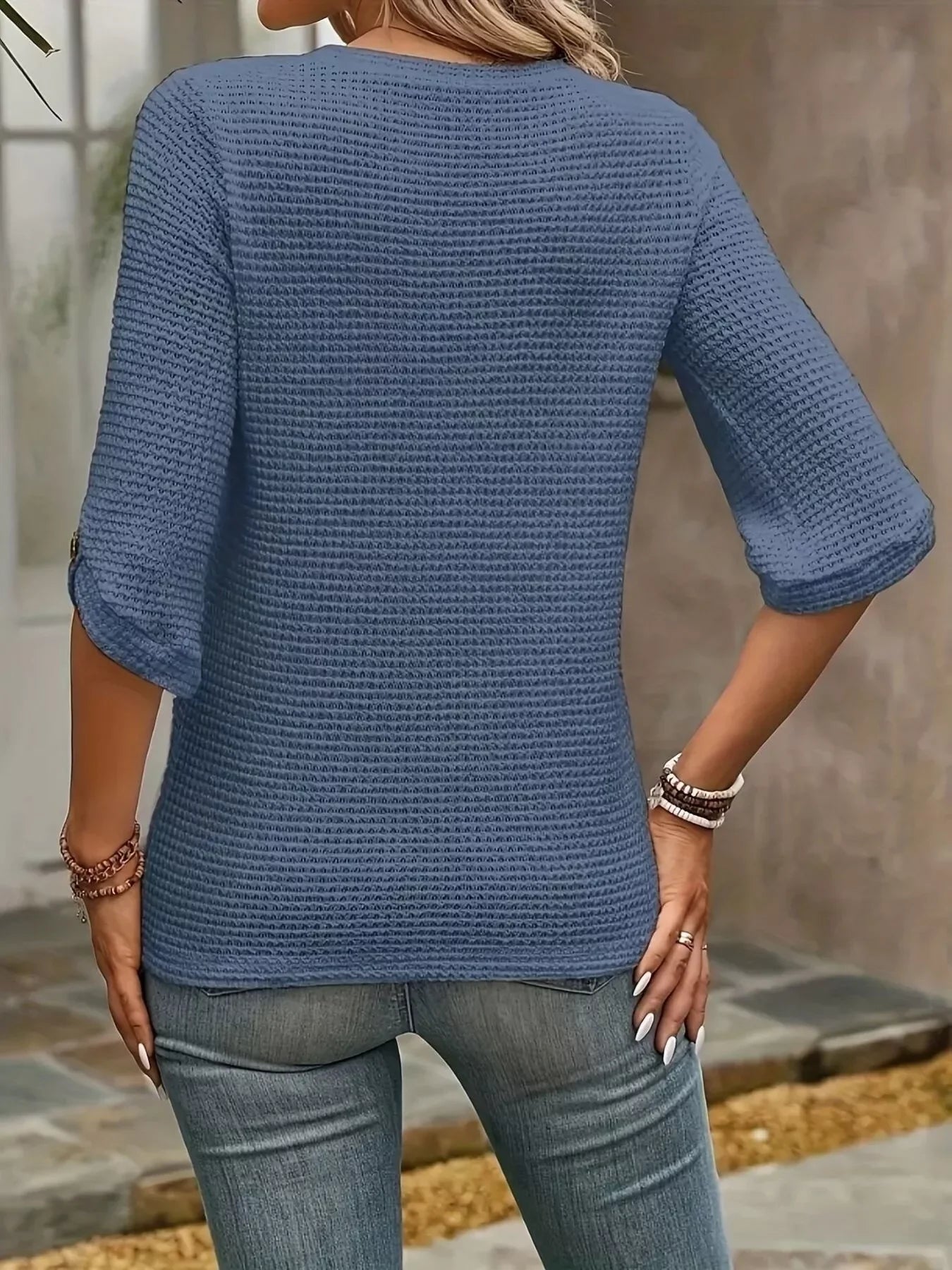 Textured Waffle Knit Three-Quarter Sleeve Tee - Southern Shores Clothing