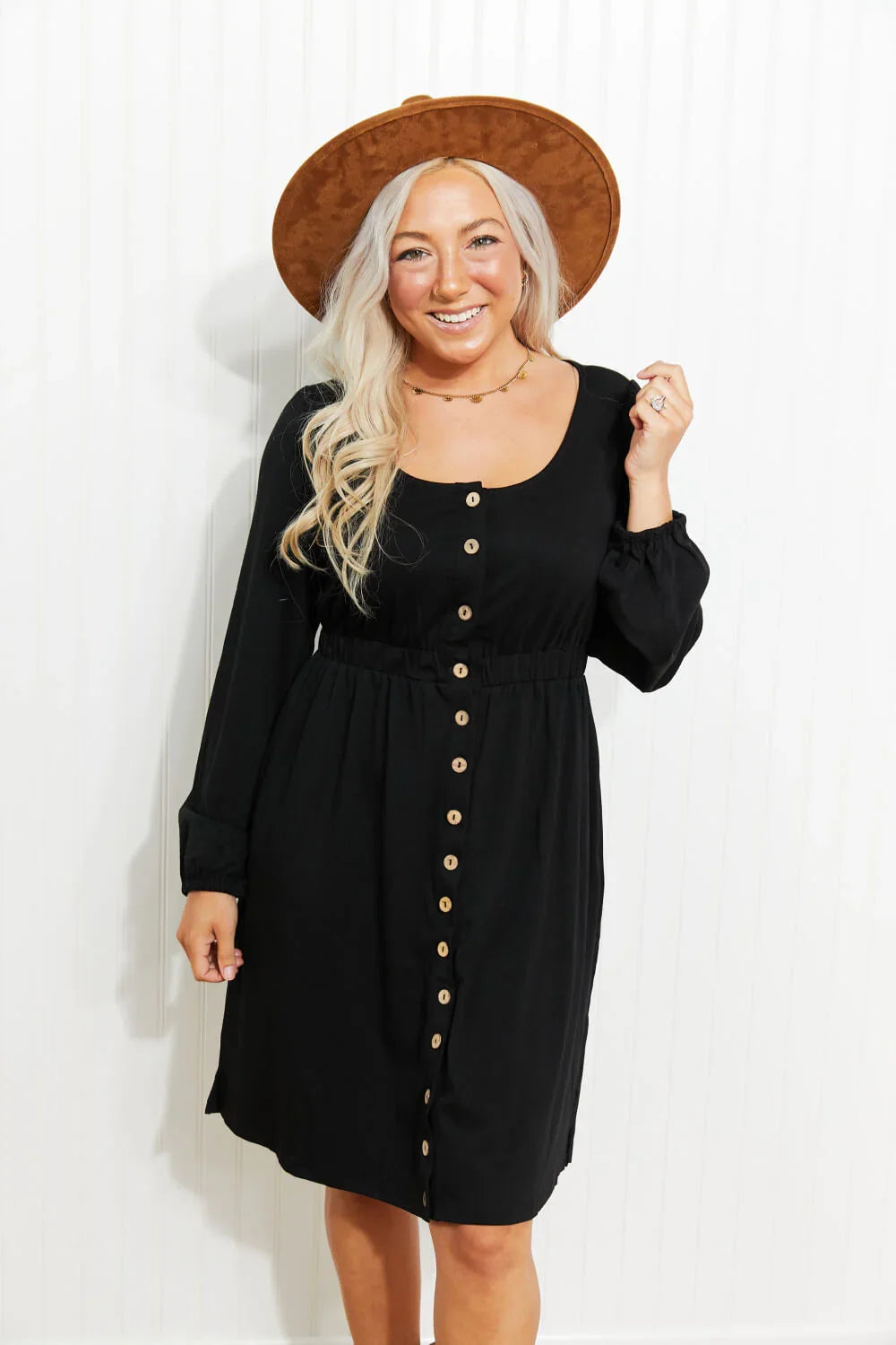 Scoop Neck Empire Waist Long Sleeve Mini Dress - Southern Shores Clothing