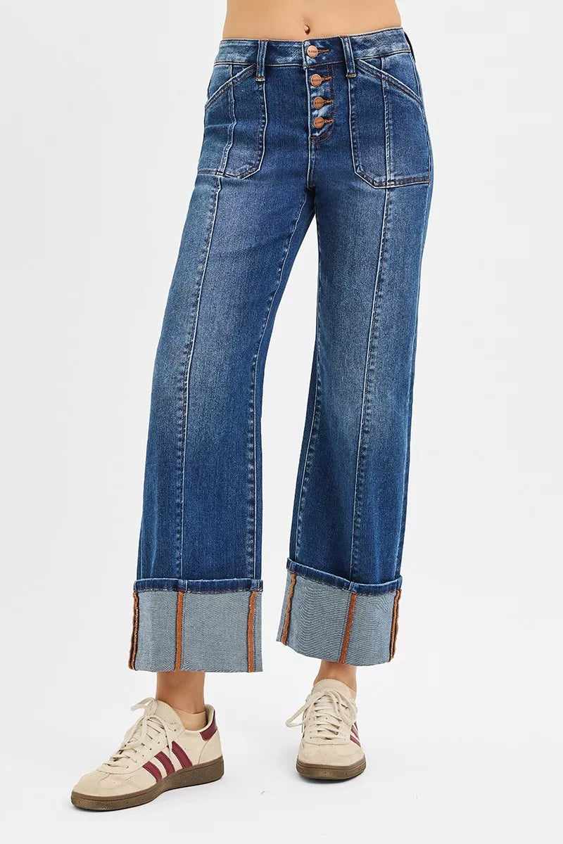 Coastal Risen High Rise Crop Wide Straight Cuffed Jeans Plus Size