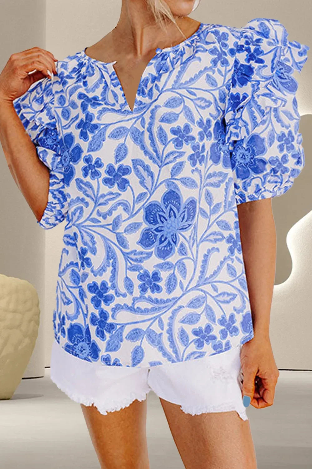 Printed Notched Half Sleeve Cotton Blouse - Southern Shores Clothing