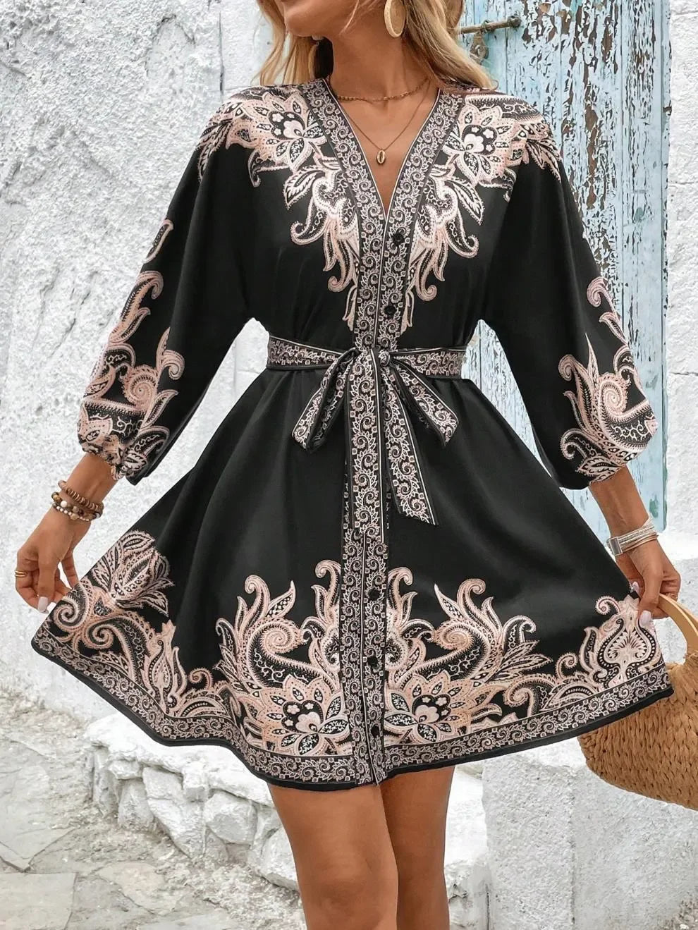 Paisley Print V Neck Mini Dress Tie Belt Three Quarter Sleeve - Southern Shores Clothing