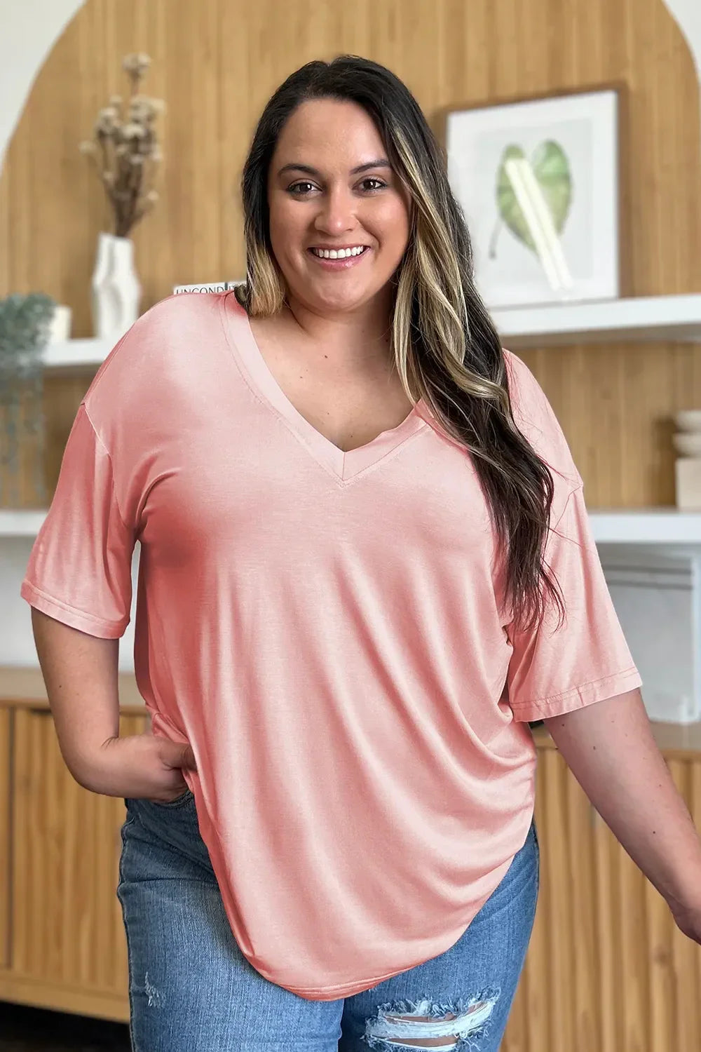 Basic Bae Full Size Bamboo V-Neck Drop Shoulder T-Shirt - Southern Shores Clothing