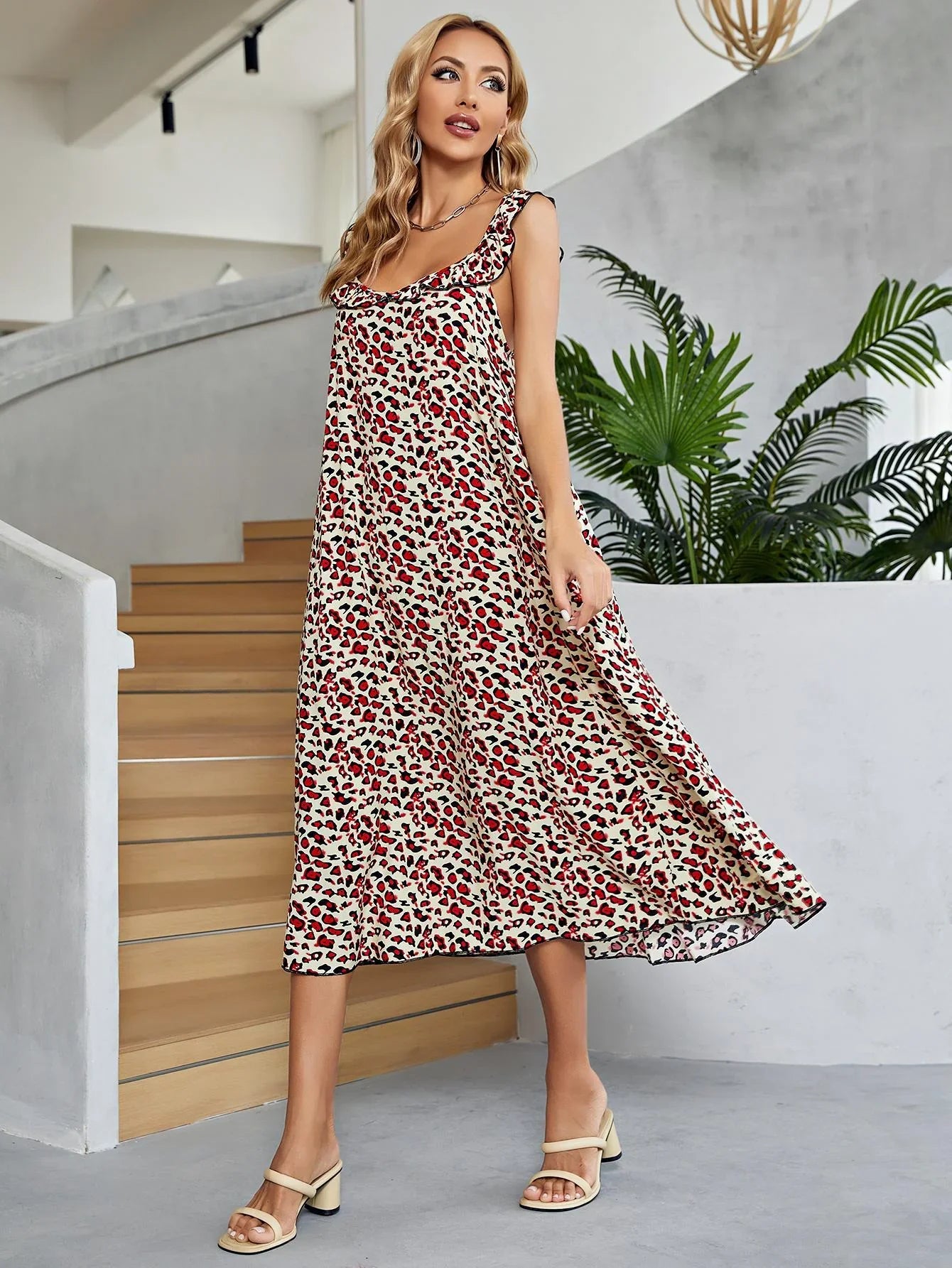 Printed Ruffled Sleeveless Midi Dress Floral Print - Southern Shores Clothing