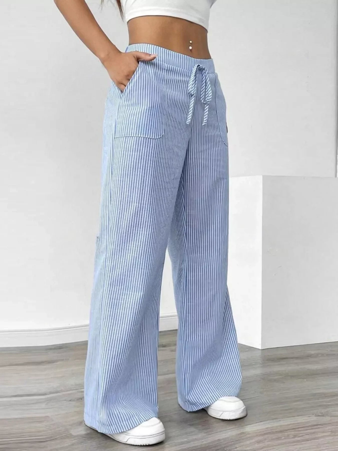 Striped Wide Leg Pocketed Casual Pants For Everyday Wear - Southern Shores Clothing
