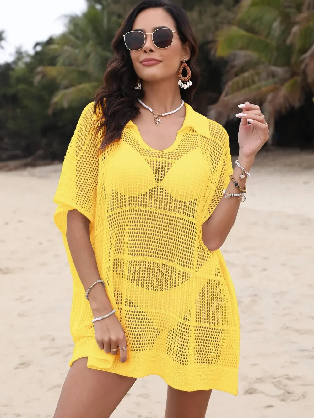 One Size Sheer Hollow Out Collared Neck Cover Up - Southern Shores Clothing
