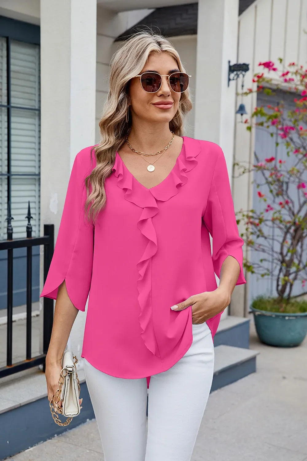 Ruffled Polyester V-Neck Blouse With Three-Quarter Sleeve - Southern Shores Clothing