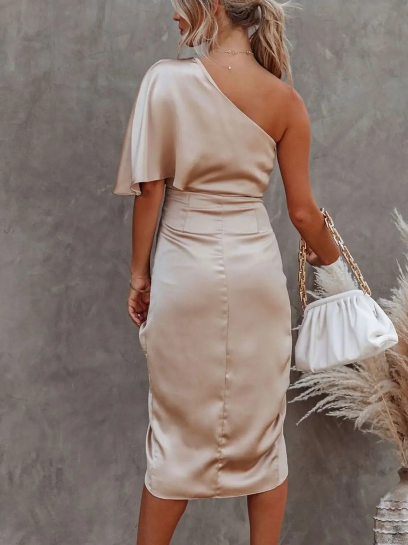 One-Shoulder Satin Wrap Dress With Side Slit - Southern Shores Clothing