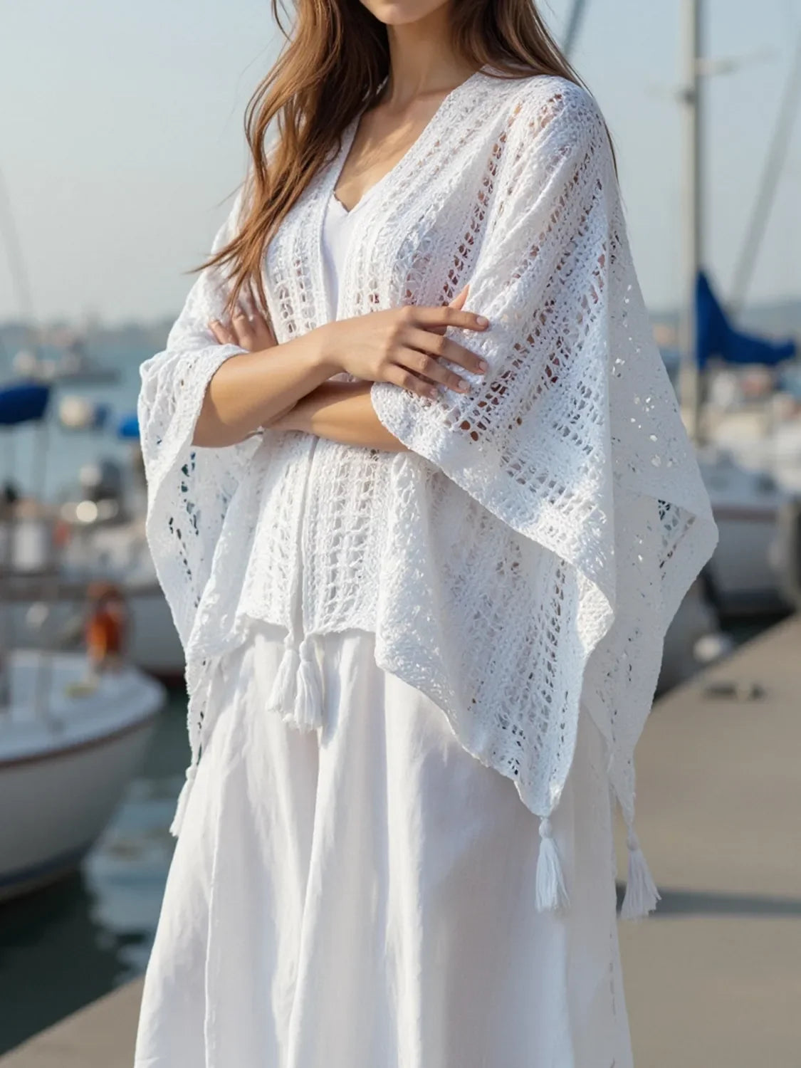 Openwork Tassel Open Front Knit Cover Up Kimono Lightweight - Southern Shores Clothing