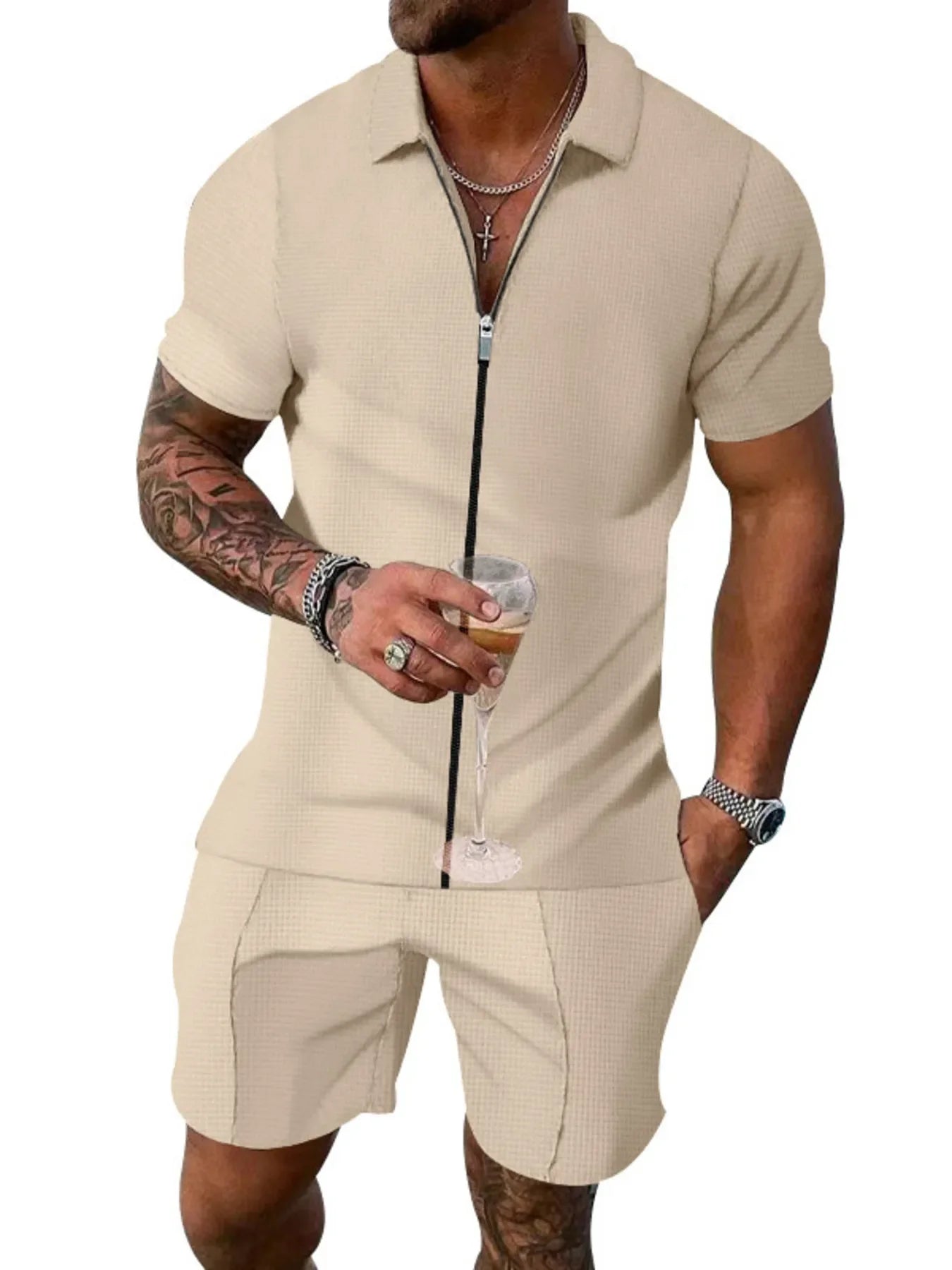 Men's Plus Size Zip Up Short Sleeve Top and Shorts Set - Southern Shores Clothing