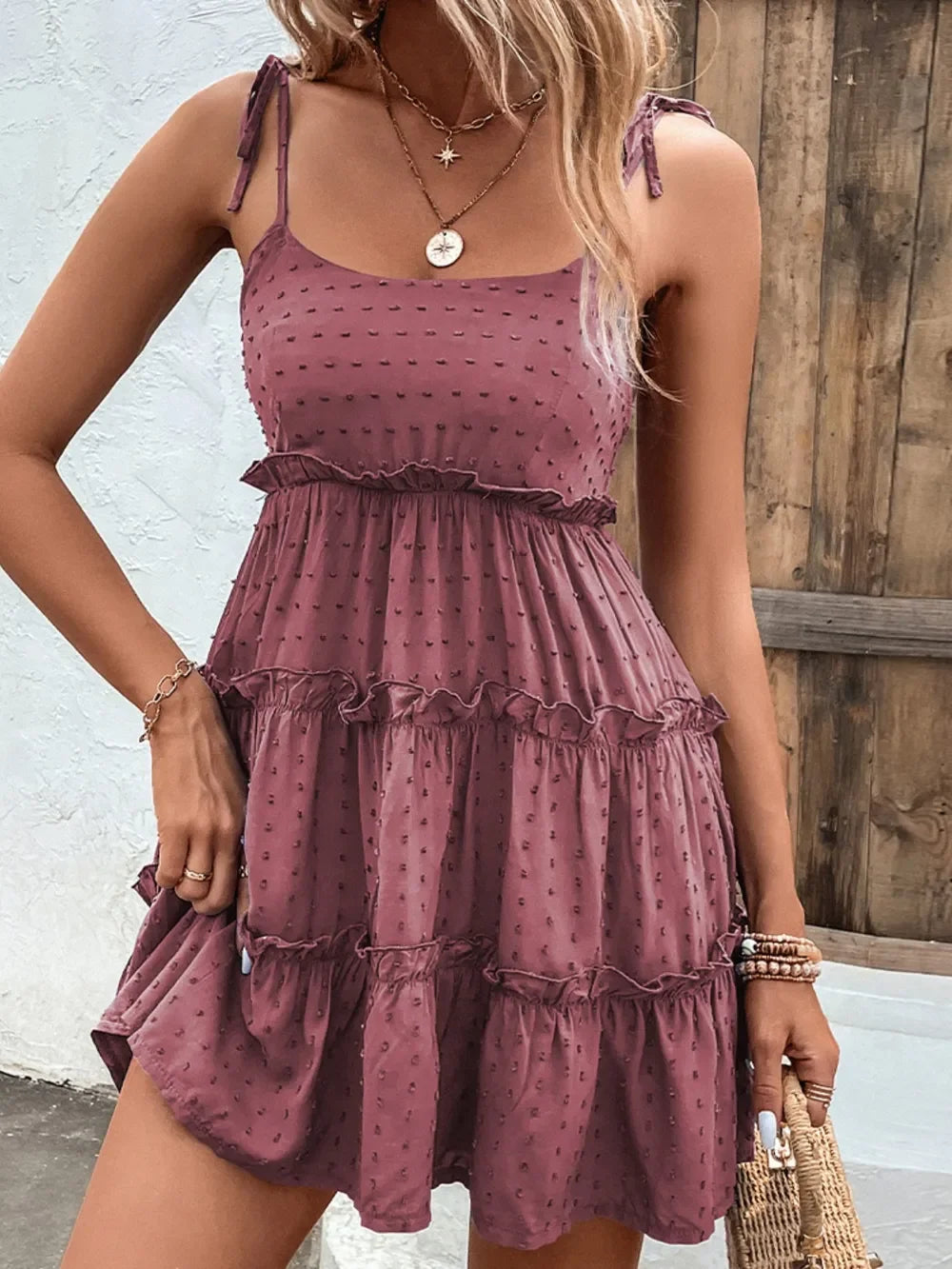 Shiny Frill Spaghetti Strap Tiered Dress - Southern Shores Clothing